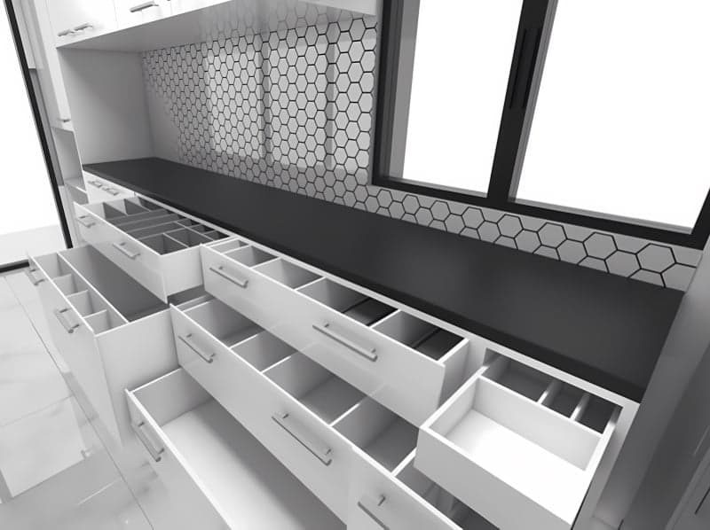 Opened drawers — Kitchen Cabinetry in Gympie, QLD